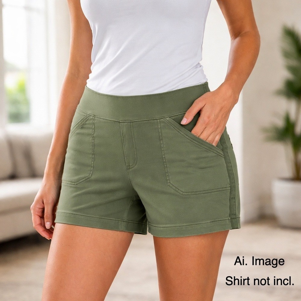 Spanx Women Lg. Twill Stretch Shorts Olive Green Pull On Normcore Military Comfy
